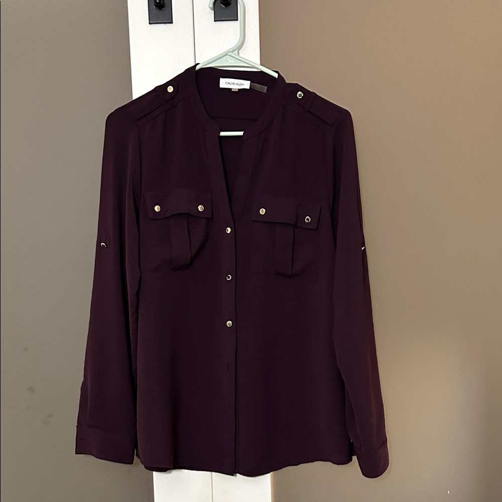 Calvin Klein Women's Deep Purple Blouse with Gold Buttons
